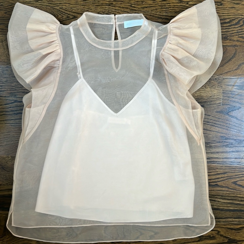 Jonathan Simkhai Sheer Flutter Sleeve Top Size Me… - image 1